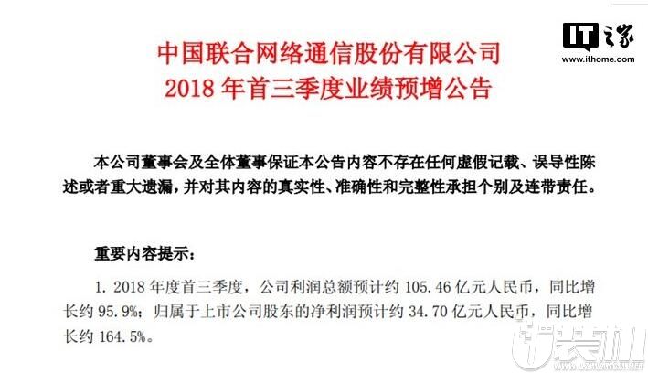 中国联通刚刚发布2018年首三季度的业绩公告：利润总额约105.46亿元，同比增95.9%